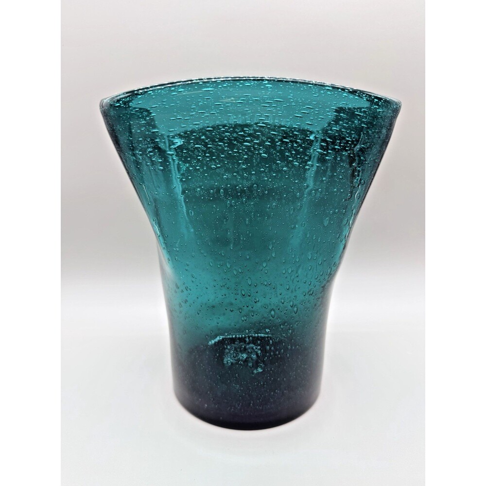 Thomas O'Brien Teal Glass Vase Hand Blown Controlled Bubble Flared Square Rim 9"
